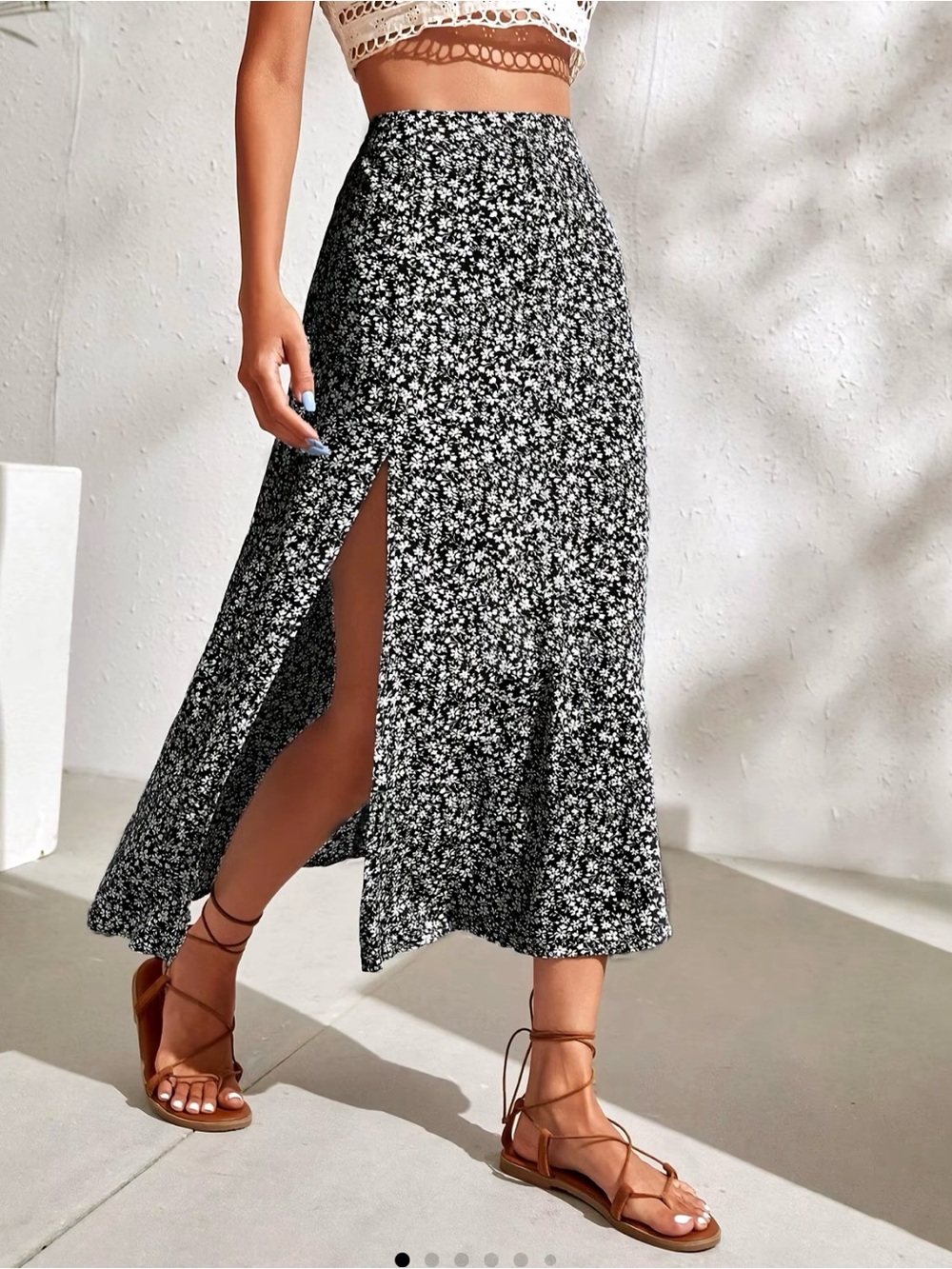 Floral Split Maxi Skirt - Black/White